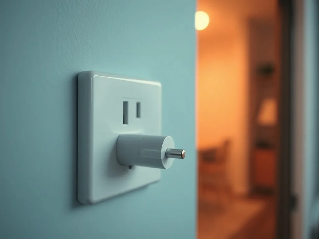 Nowoczesne gniazdko elektryczne z wpiętą wtyczką, ilustrujące standardowe przyłącze zasilania w domowej instalacji.