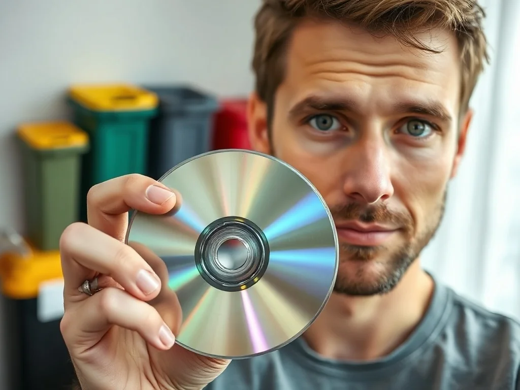 Mężczyzna trzymający starą płytę CD na tle domowego punktu segregacji odpadów z kolorowymi koszami.