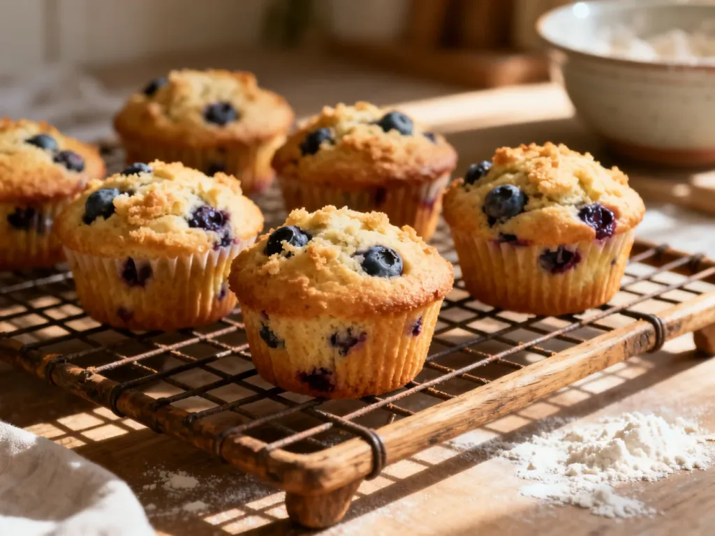 Świeżo upieczone muffiny jagodowe na drewnianej kratce, podkreślające ich wilgotną strukturę i złocisty wierzch.