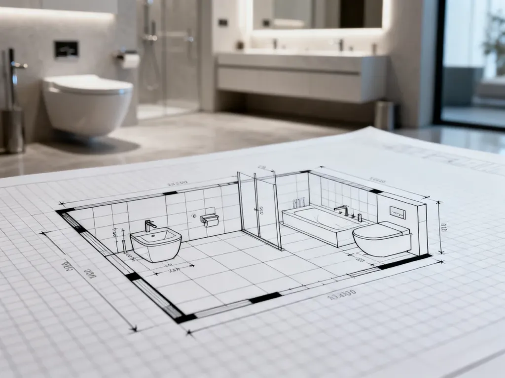 Techniczny rysunek architektoniczny przedstawiający wymiary i rozmieszczenie elementów w nowoczesnej łazience.